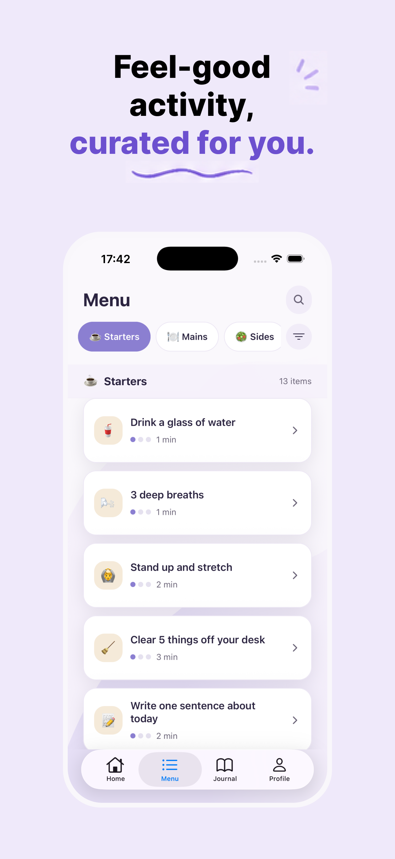 Dopamine Menu screenshot — browsing the activity menu
